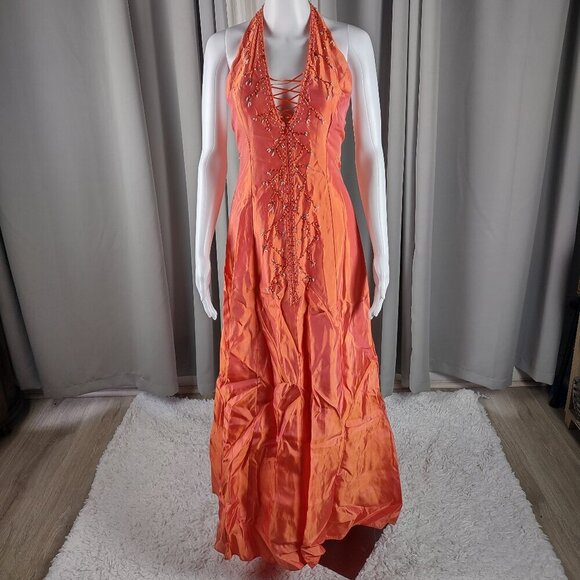Jessica McClintock Gunne Sax Orange Halter Back, A Line Dress Size 3 Juniors. - Picture 2 of 11